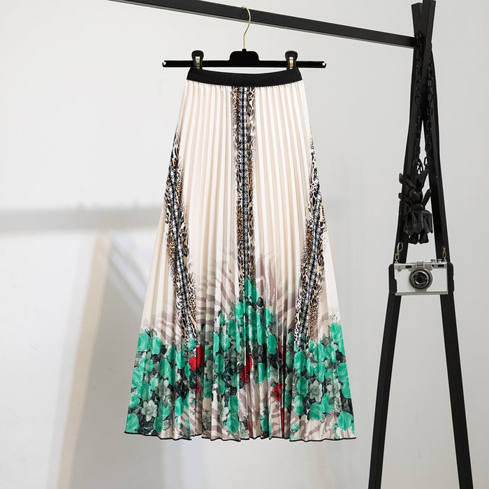 High Waist Pleated Harajuku null Skirts faldas Summer European Flower Printed Long Skirts for Women Mid-Calf Skirt Faldas Larga