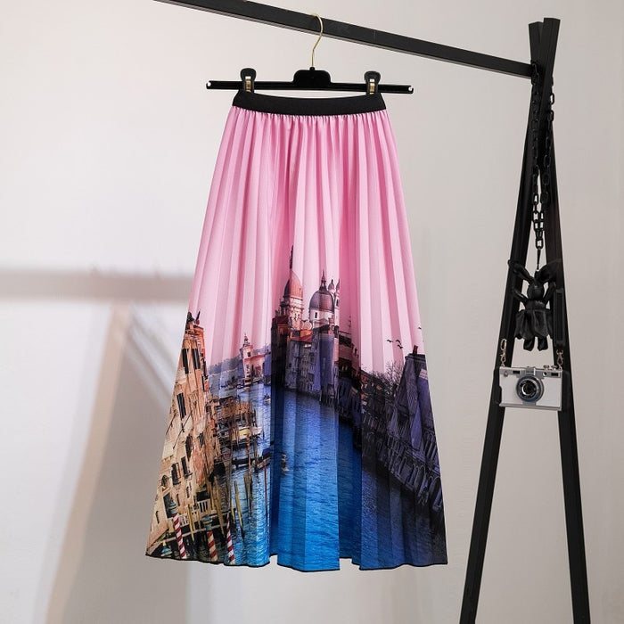 High Waist Pleated Harajuku null Skirts faldas Summer European Flower Printed Long Skirts for Women Mid-Calf Skirt Faldas Larga