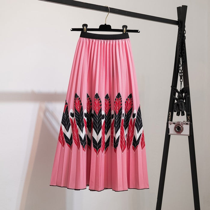 High Waist Pleated Harajuku null Skirts faldas Summer European Flower Printed Long Skirts for Women Mid-Calf Skirt Faldas Larga