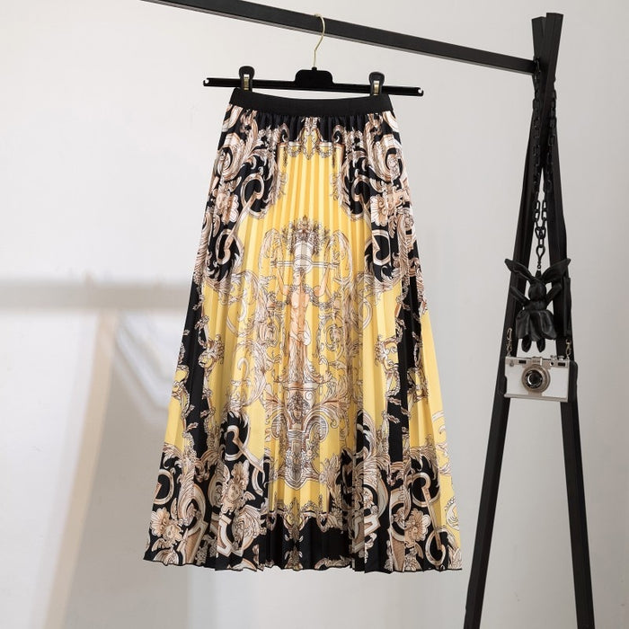 High Waist Pleated Harajuku null Skirts faldas Summer European Flower Printed Long Skirts for Women Mid-Calf Skirt Faldas Larga