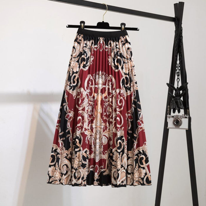 High Waist Pleated Harajuku null Skirts faldas Summer European Flower Printed Long Skirts for Women Mid-Calf Skirt Faldas Larga