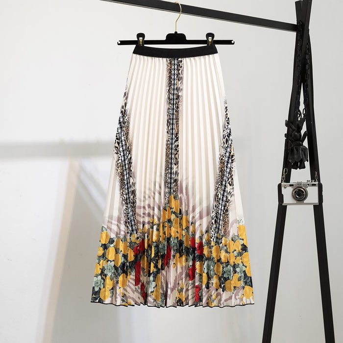 High Waist Pleated Harajuku null Skirts faldas Summer European Flower Printed Long Skirts for Women Mid-Calf Skirt Faldas Larga
