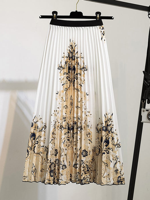 High Waist Pleated Harajuku null Skirts faldas Summer European Flower Printed Long Skirts for Women Mid-Calf Skirt Faldas Larga