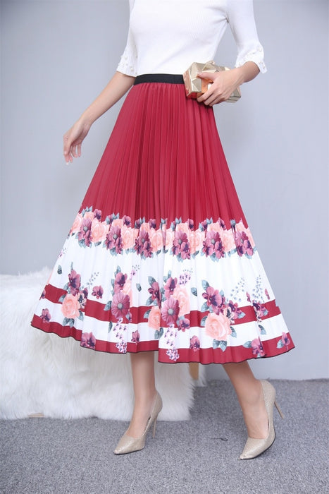 High Waist Pleated Harajuku null Skirts faldas Summer European Flower Printed Long Skirts for Women Mid-Calf Skirt Faldas Larga