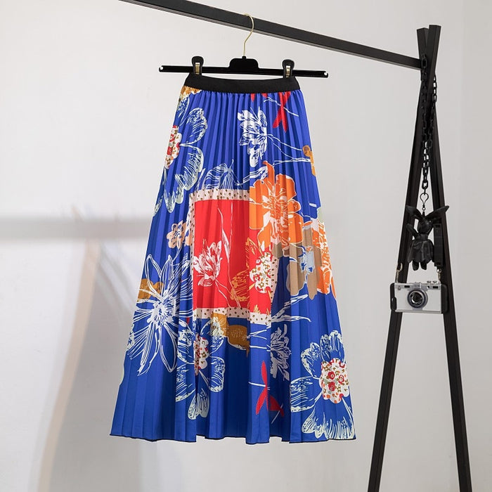 High Waist Pleated Harajuku null Skirts faldas Summer European Flower Printed Long Skirts for Women Mid-Calf Skirt Faldas Larga