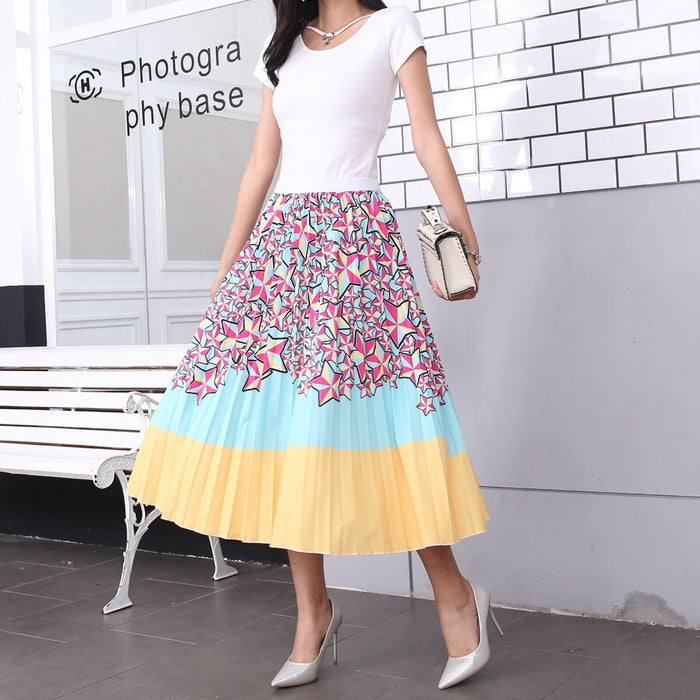 High Waist Pleated Harajuku null Skirts faldas Summer European Flower Printed Long Skirts for Women Mid-Calf Skirt Faldas Larga