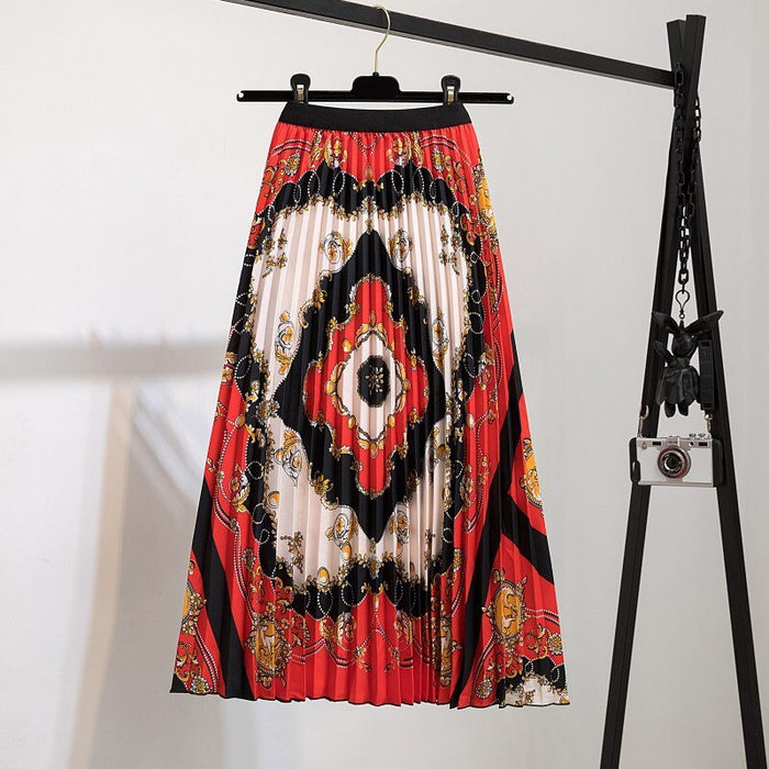 High Waist Pleated Harajuku null Skirts faldas Summer European Flower Printed Long Skirts for Women Mid-Calf Skirt Faldas Larga