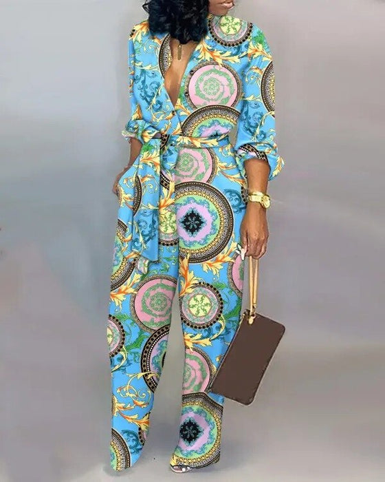 Long Sleeve Vingae Print Long Jumpsuits