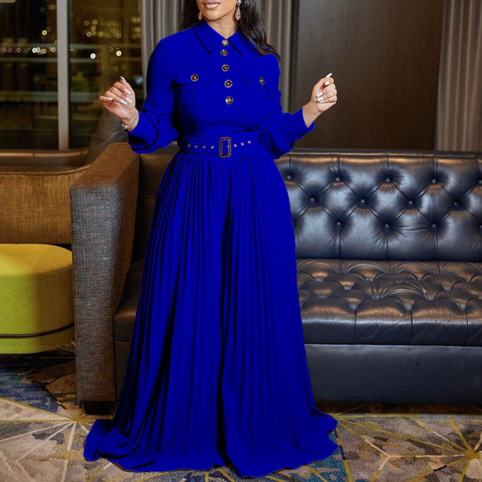Echoine Long Sleeve Turn Down Collar Button Jumpsuit with Belt Slim Elegant Pleated  Wide Leg Pants Rompers OL Office Ladies