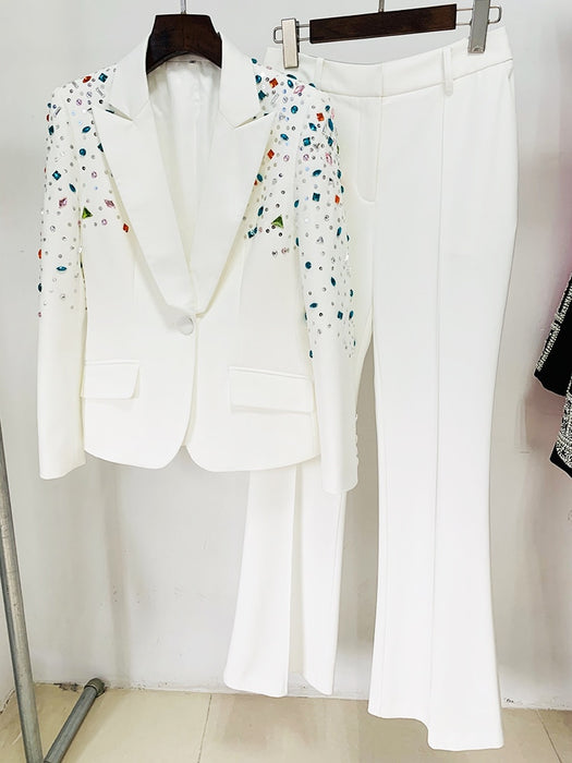 Slim Fitting Strass Diamonds Beaded Blazer Pants Set