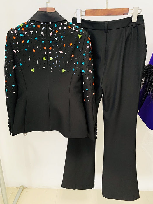Slim Fitting Strass Diamonds Beaded Blazer Pants Set