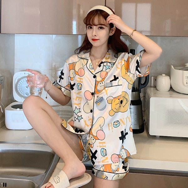 Disney Tigger and Winnie the Pooh Stain Pajamas Set for Women Summer Loose Casual Silk Home Suit Women Shorts for  Sleepwear