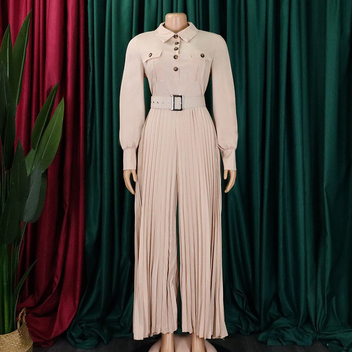 Echoine Long Sleeve Turn Down Collar Button Jumpsuit with Belt Slim Elegant Pleated  Wide Leg Pants Rompers OL Office Ladies