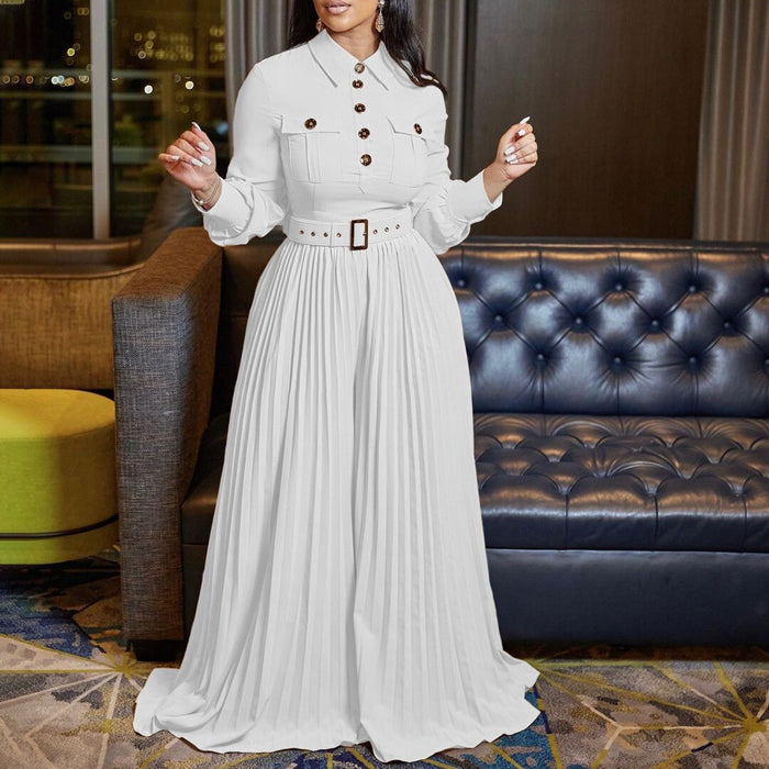 Echoine Long Sleeve Turn Down Collar Button Jumpsuit with Belt Slim Elegant Pleated  Wide Leg Pants Rompers OL Office Ladies