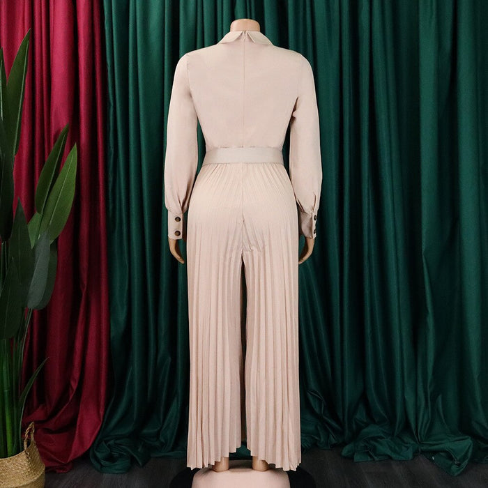 Echoine Long Sleeve Turn Down Collar Button Jumpsuit with Belt Slim Elegant Pleated  Wide Leg Pants Rompers OL Office Ladies