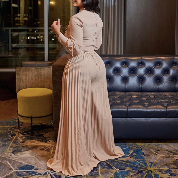 Echoine Long Sleeve Turn Down Collar Button Jumpsuit with Belt Slim Elegant Pleated  Wide Leg Pants Rompers OL Office Ladies