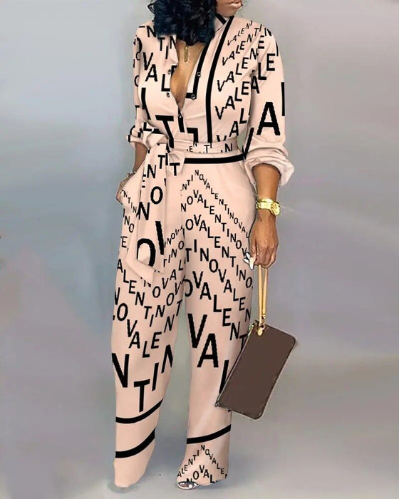Long Sleeve Vingae Print Long Jumpsuits