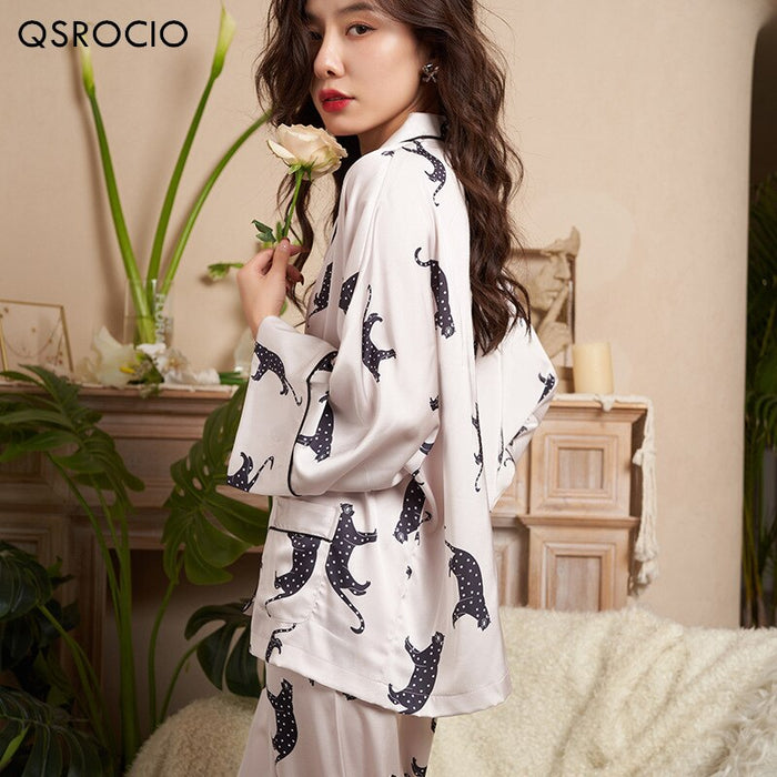 QSROCIO High Quality Women's Pajamas Set Luxury Leopard Print Loose Top Sleepwear Silk Like Nightwear Leisure Homewear Femme