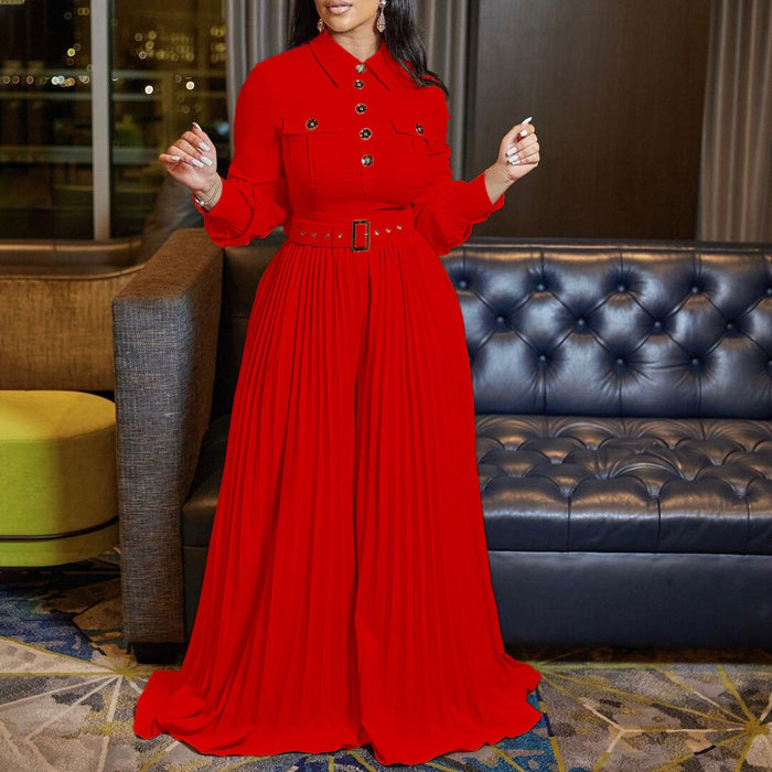 Echoine Long Sleeve Turn Down Collar Button Jumpsuit with Belt Slim Elegant Pleated  Wide Leg Pants Rompers OL Office Ladies