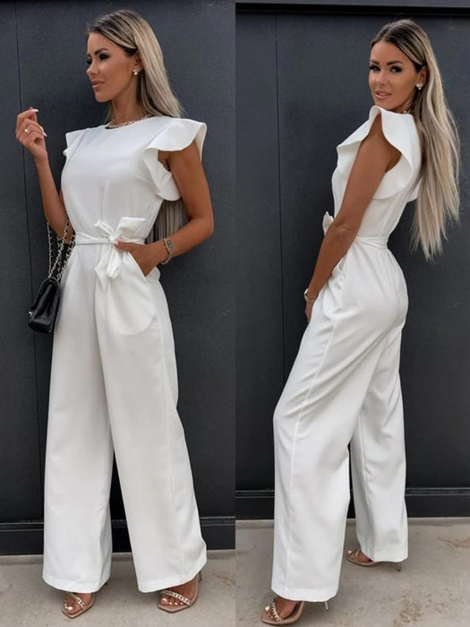 Summer Women's Jumpsuits Casual O-neck Ruffles Belt Office Lady Wide Leg Playsuits 2023 Elegant Solid Overalls Woman Jumpsuit
