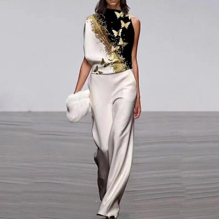 Elegant Half High Neck Long Ropmers Office Casual Wide Legger Pants Loose Party Jumpsuits Women Fashion Flower Printed Playsuits