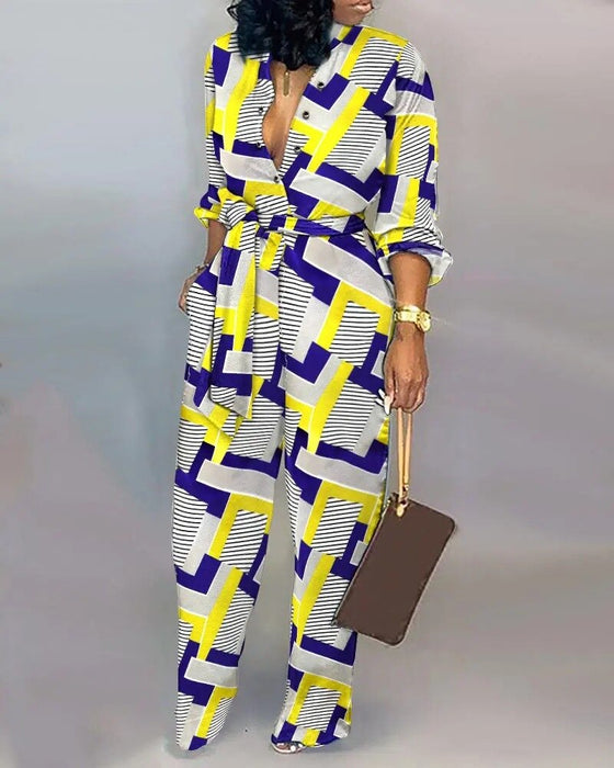 Long Sleeve Vingae Print Long Jumpsuits