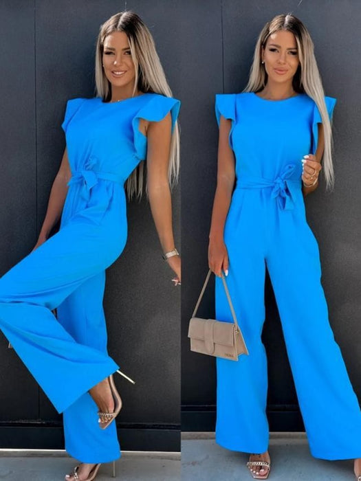 Summer Women's Jumpsuits Casual O-neck Ruffles Belt Office Lady Wide Leg Playsuits 2023 Elegant Solid Overalls Woman Jumpsuit