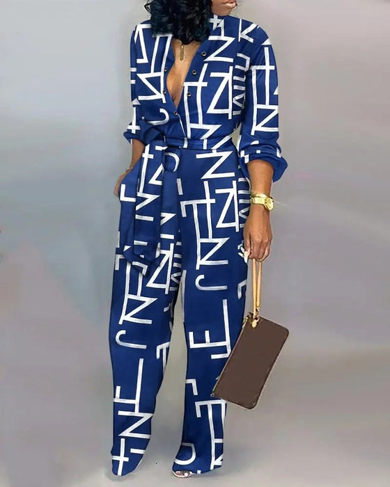 Long Sleeve Vingae Print Long Jumpsuits