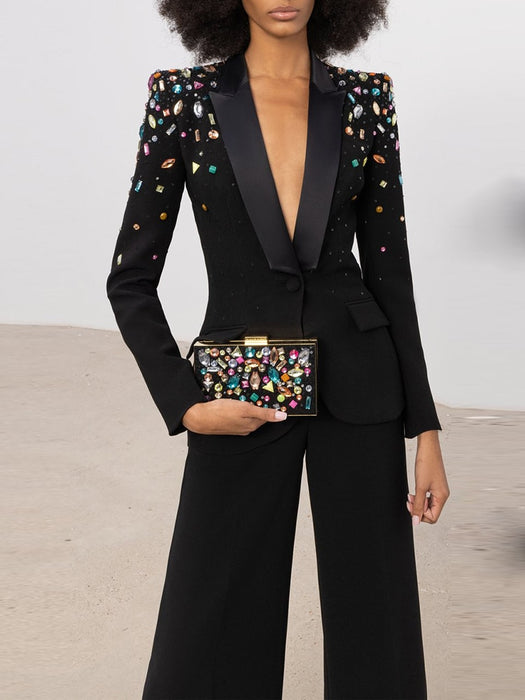 Slim Fitting Strass Diamonds Beaded Blazer Pants Set