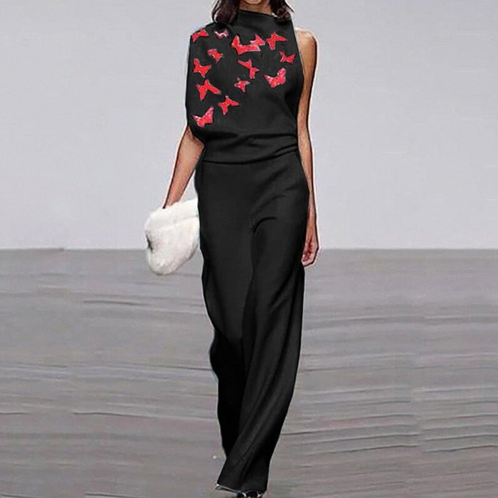 Elegant Half High Neck Long Ropmers Office Casual Wide Legger Pants Loose Party Jumpsuits Women Fashion Flower Printed Playsuits