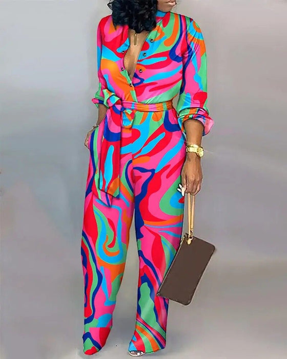 Long Sleeve Vingae Print Long Jumpsuits