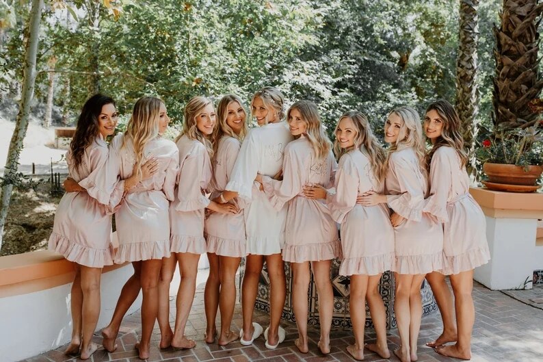Personalized Bridesmaid Robes with a Ruffled Bridal Shower Dressing Gown Unique Wedding Day Robe For Bride Custom Ruffle Kimonos