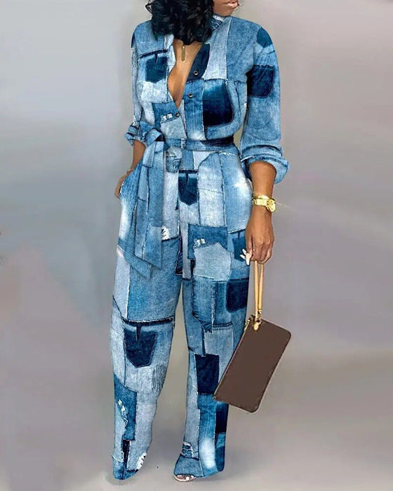 Long Sleeve Vingae Print Long Jumpsuits