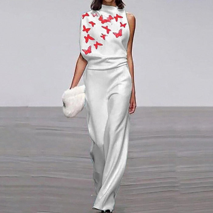 Elegant Half High Neck Long Ropmers Office Casual Wide Legger Pants Loose Party Jumpsuits Women Fashion Flower Printed Playsuits